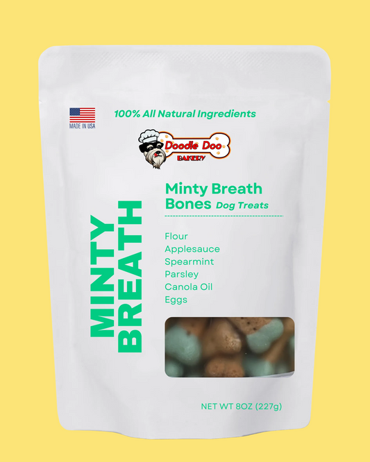 Package of Doodle Doo Bakery Minty Breath Bones Dog Treats on a white background