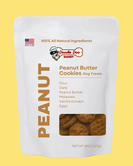 Package of Doodle Pooch Peanut Butter Cookies Dog Treats on a white background