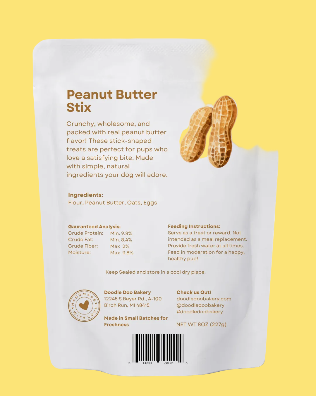 Peanut Butter Stix packaging with ingredients and instructions on a yellow background