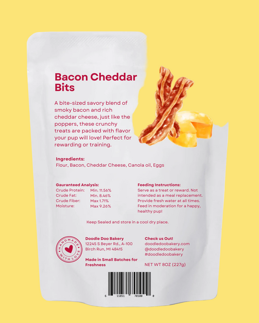 Package of Bacon Cheddar Bits with text and images on a yellow background