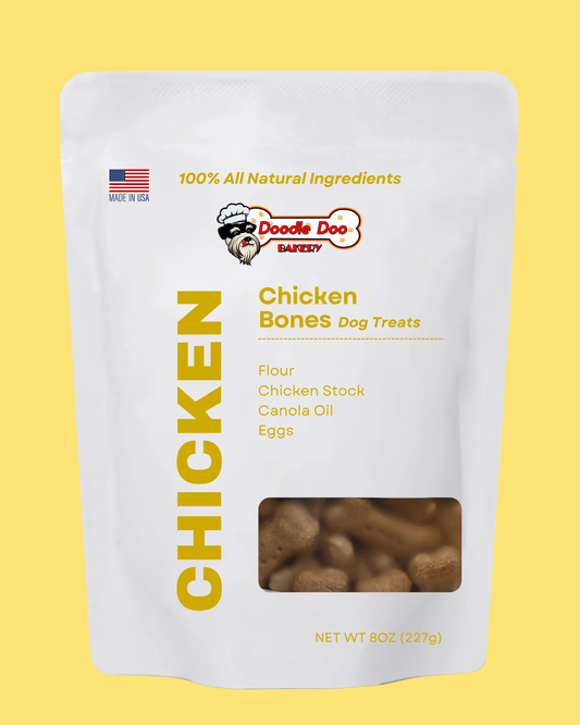 Package of Doodle Dog Bakery Chicken Bones dog treats on a white background