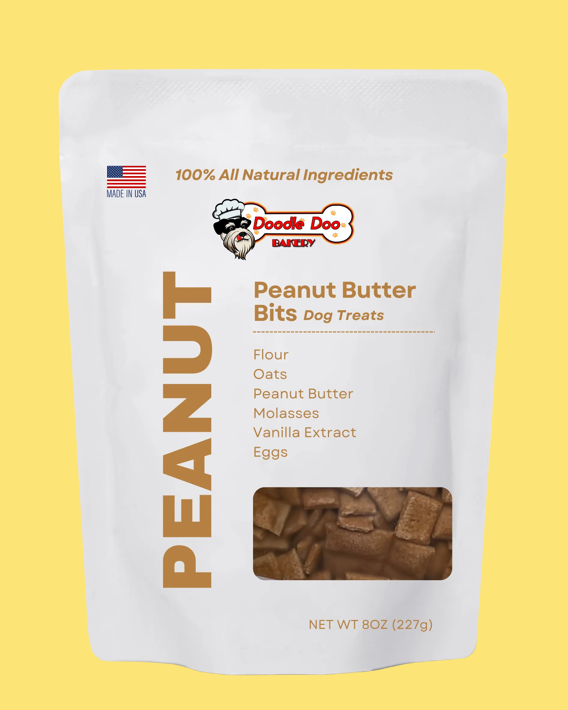 Package of Doodle Dog Bakery Peanut Butter Bits Dog Treats on a yellow background